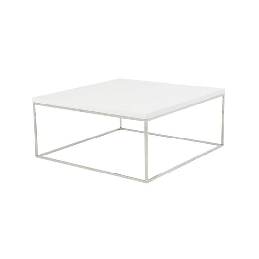 35" White and Silver Wood And Metal Square Frame Coffee Table