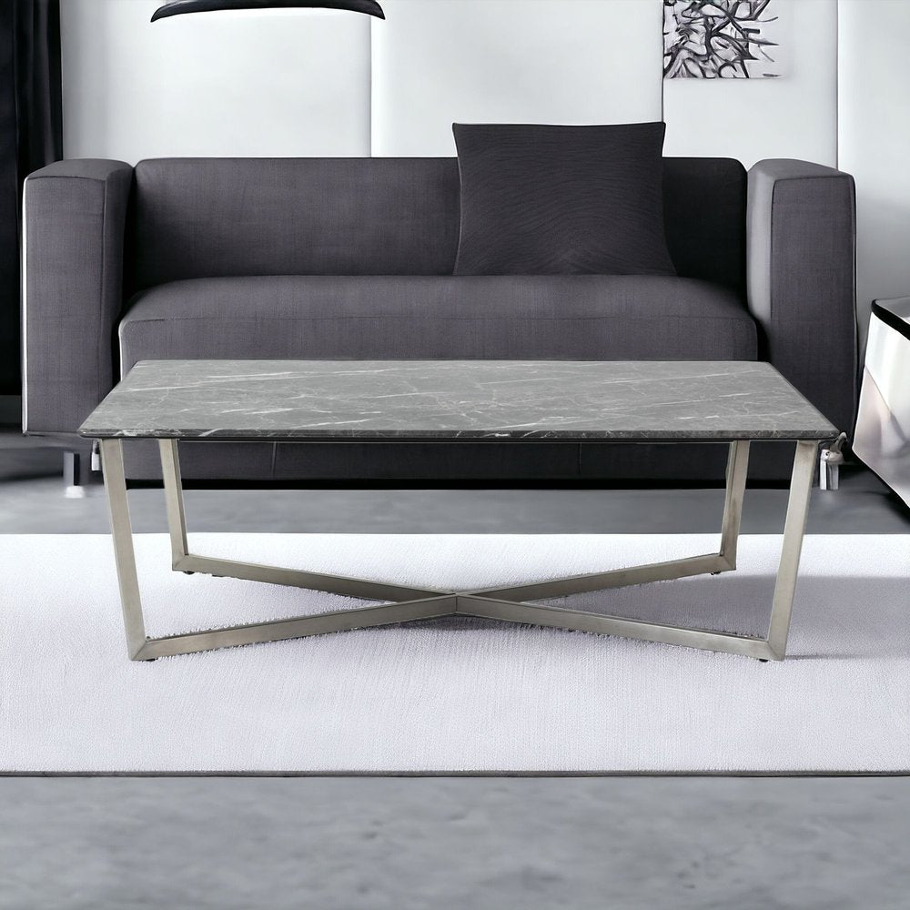 47" Black and Silver Wood And Metal Cross Legs Coffee Table