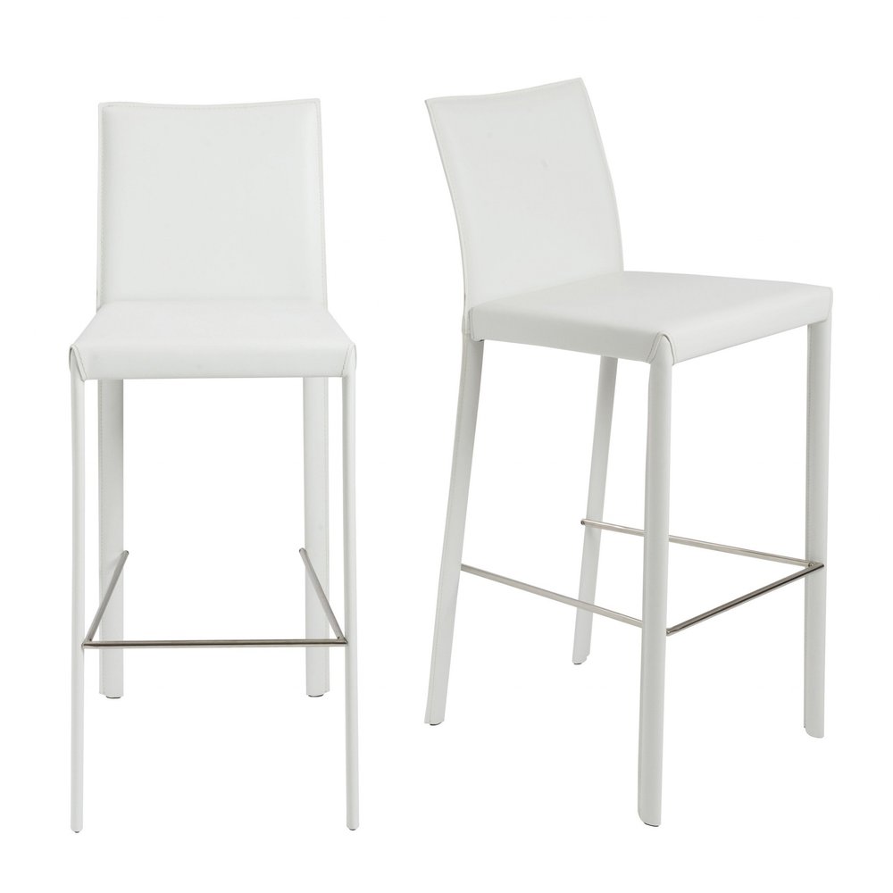 Set of Two 30" White Faux Leather And Steel Low Back Bar Height Bar Chairs