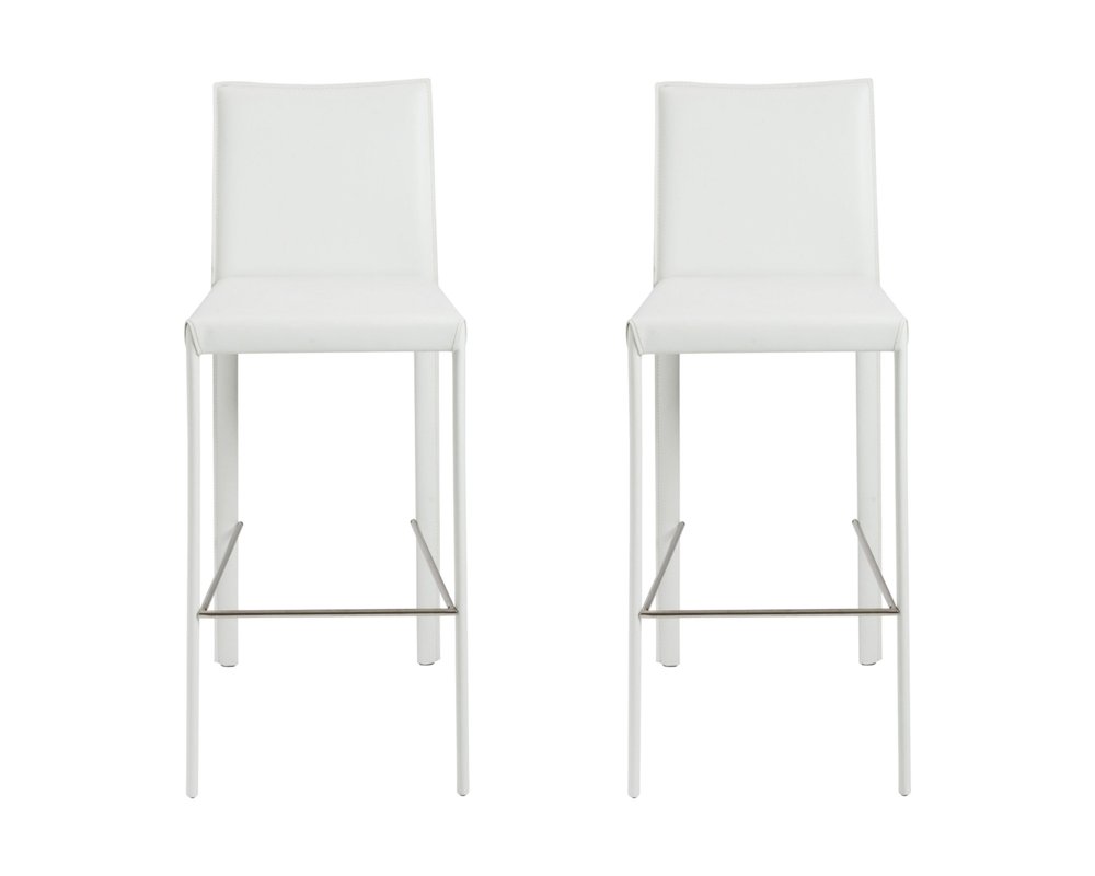 Set of Two 30" White Faux Leather And Steel Low Back Bar Height Bar Chairs