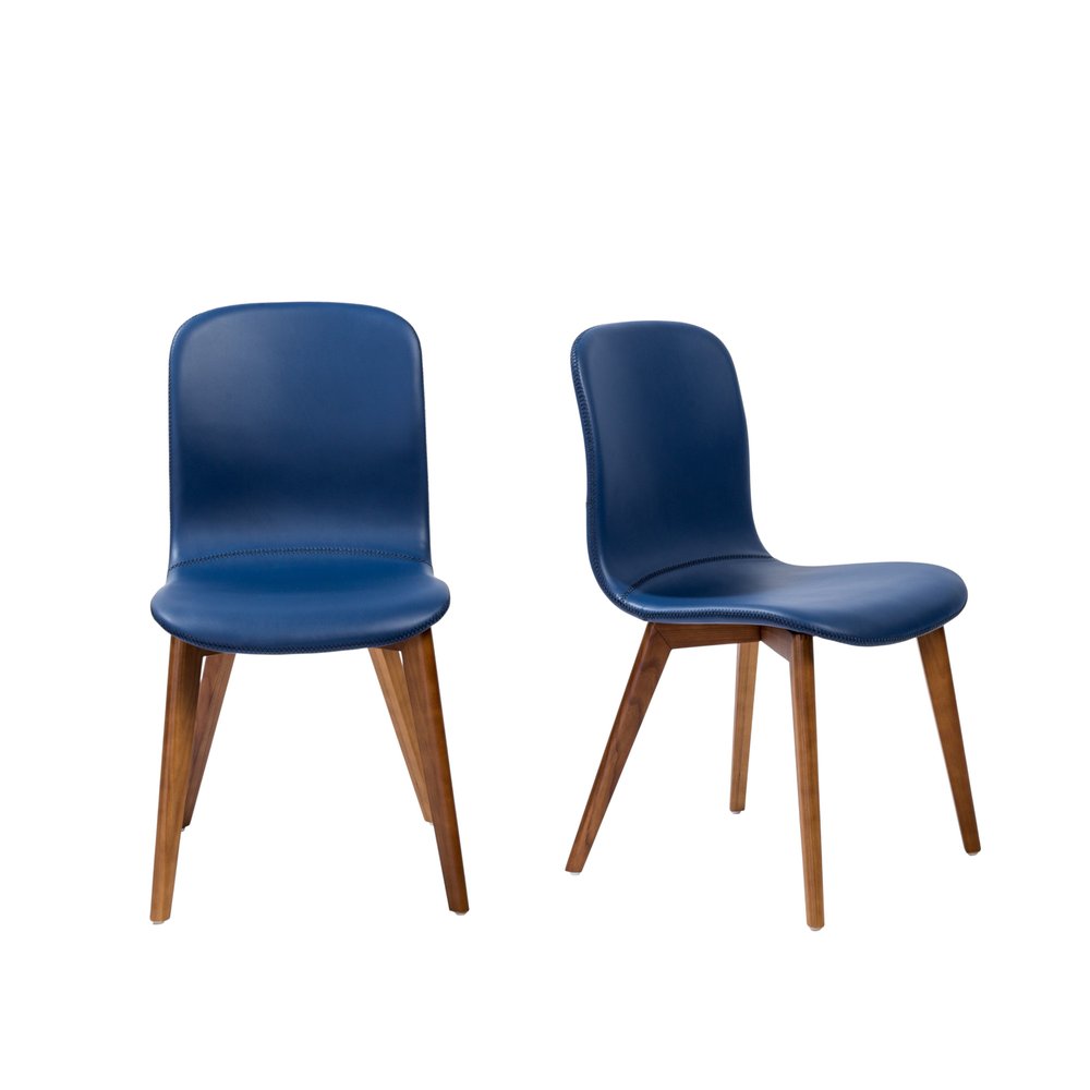 Set of Two Blue and Brown Upholstered Leather Dining Side Chairs