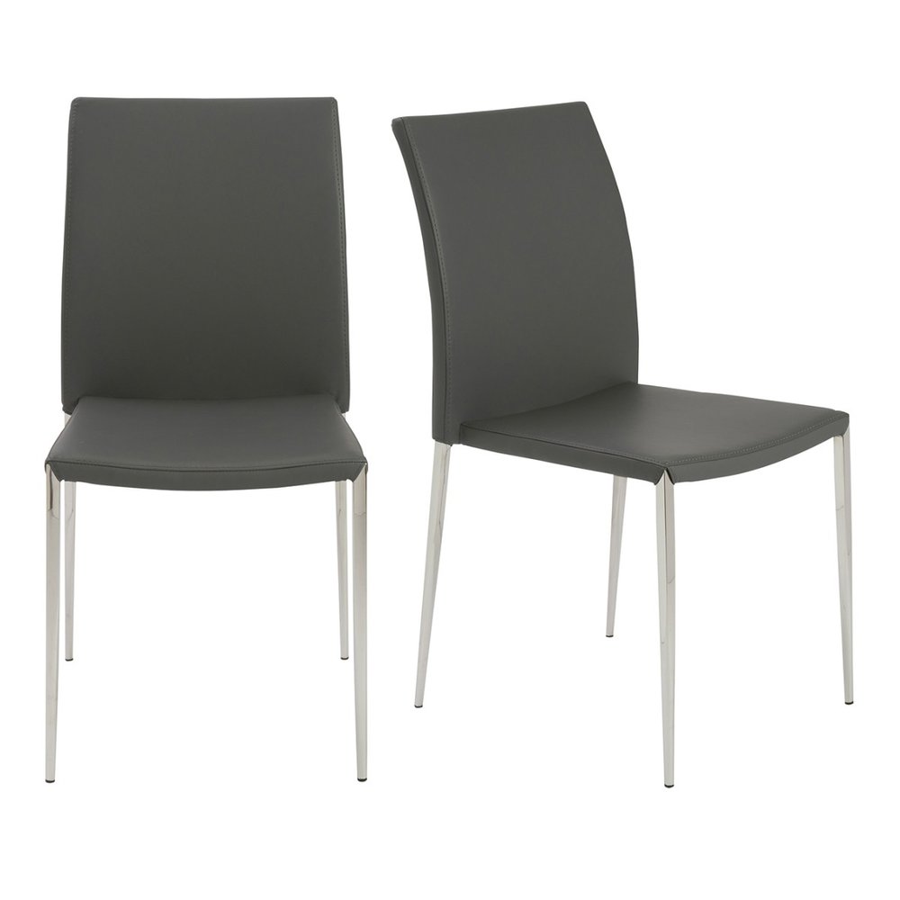 Set of Two Gray and Silver Upholstered Leather Dining Side Chairs