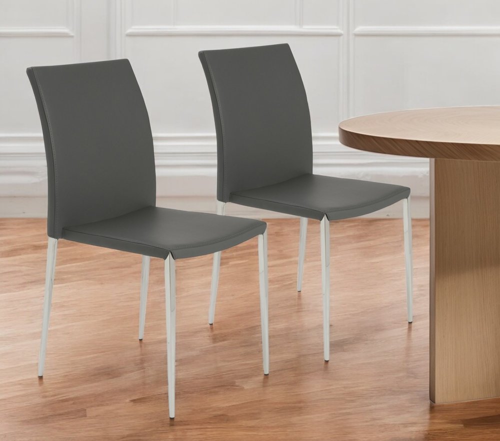 Set of Two Gray and Silver Upholstered Leather Dining Side Chairs