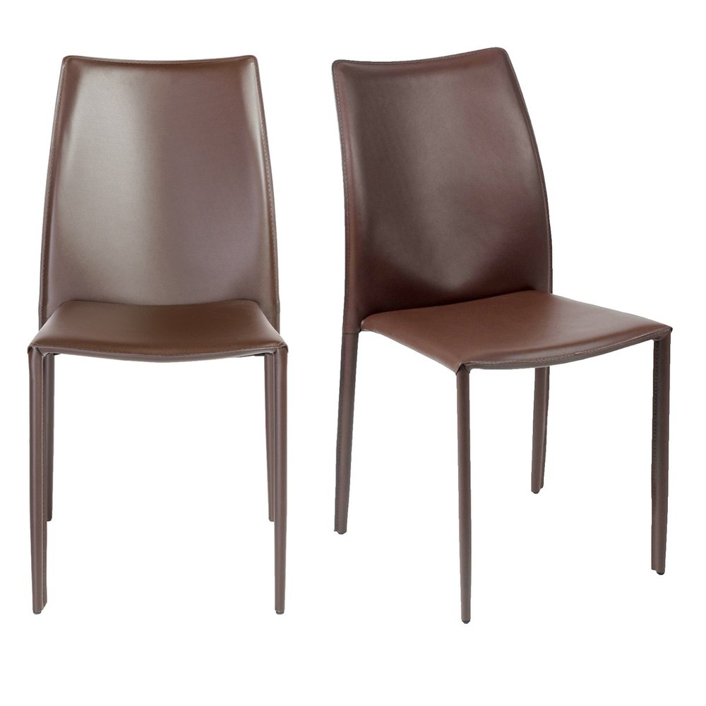 Set of Two Brown Upholstered Leather Dining Side Chairs