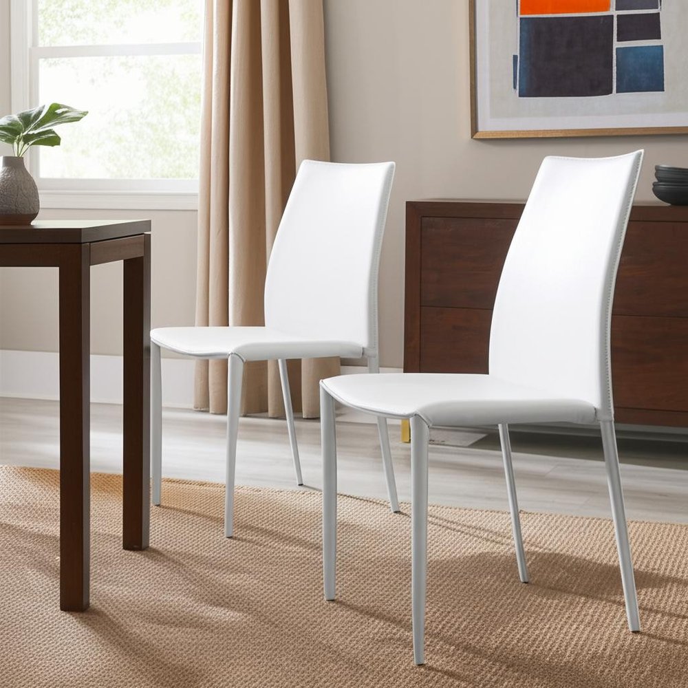 Set of Two White Upholstered Leather Dining Side Chairs
