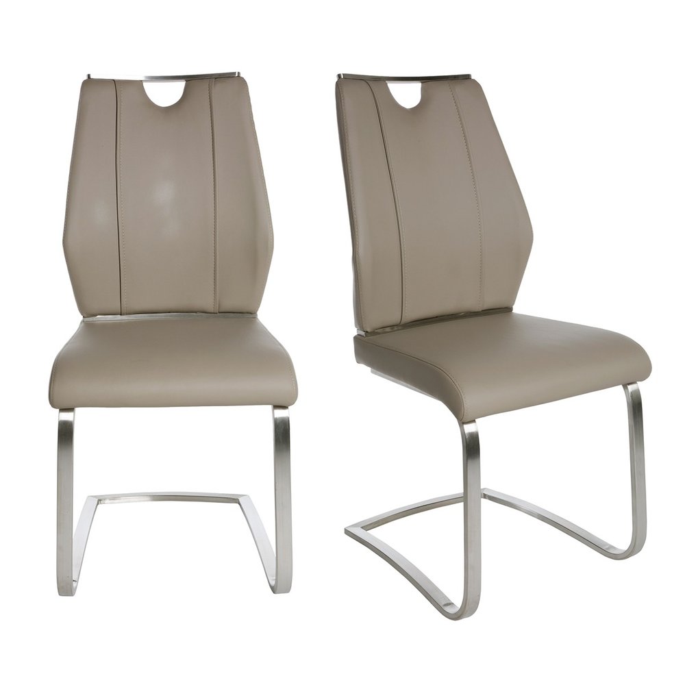 Set of Two Taupe and Silver Upholstered Leather Dining Side Chairs