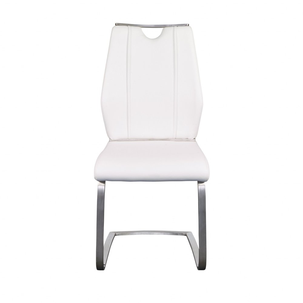Set of Two White and Silver Upholstered Leather Dining Side Chairs