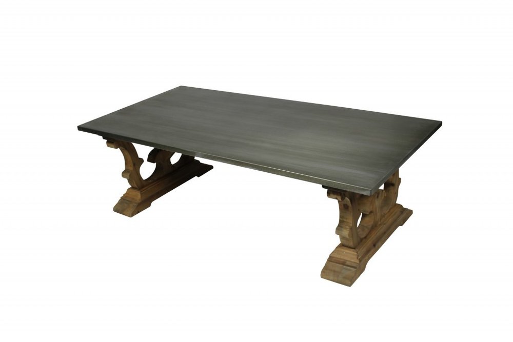 63" Gray and Brown Zinc and Solid Wood Pedestal Coffee Table