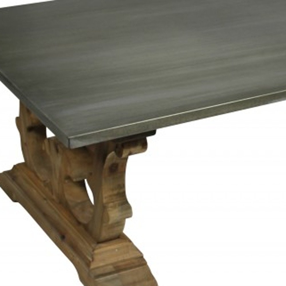 63" Gray and Brown Zinc and Solid Wood Pedestal Coffee Table