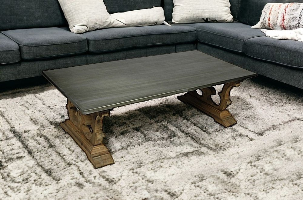 63" Gray and Brown Zinc and Solid Wood Pedestal Coffee Table