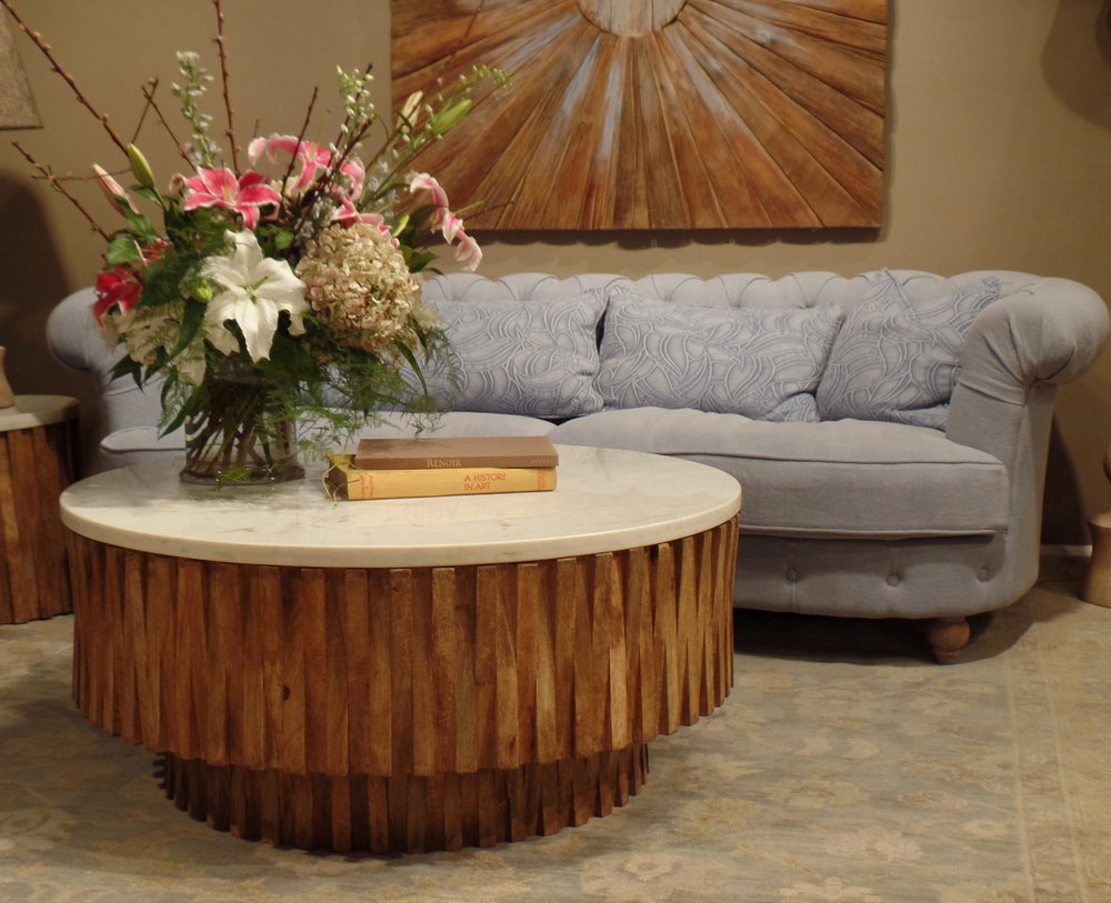 42" Ivory and Natural Genuine Marble and Solid Wood Round Solid Coffee Table