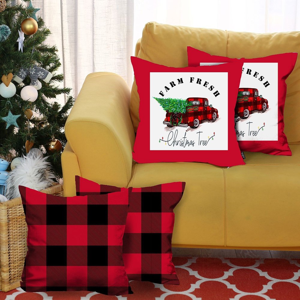 Set of Four Red Black and White Farm Fresh Christmas Tree Holiday Red Truck Plaid Fabric Throw Pillows