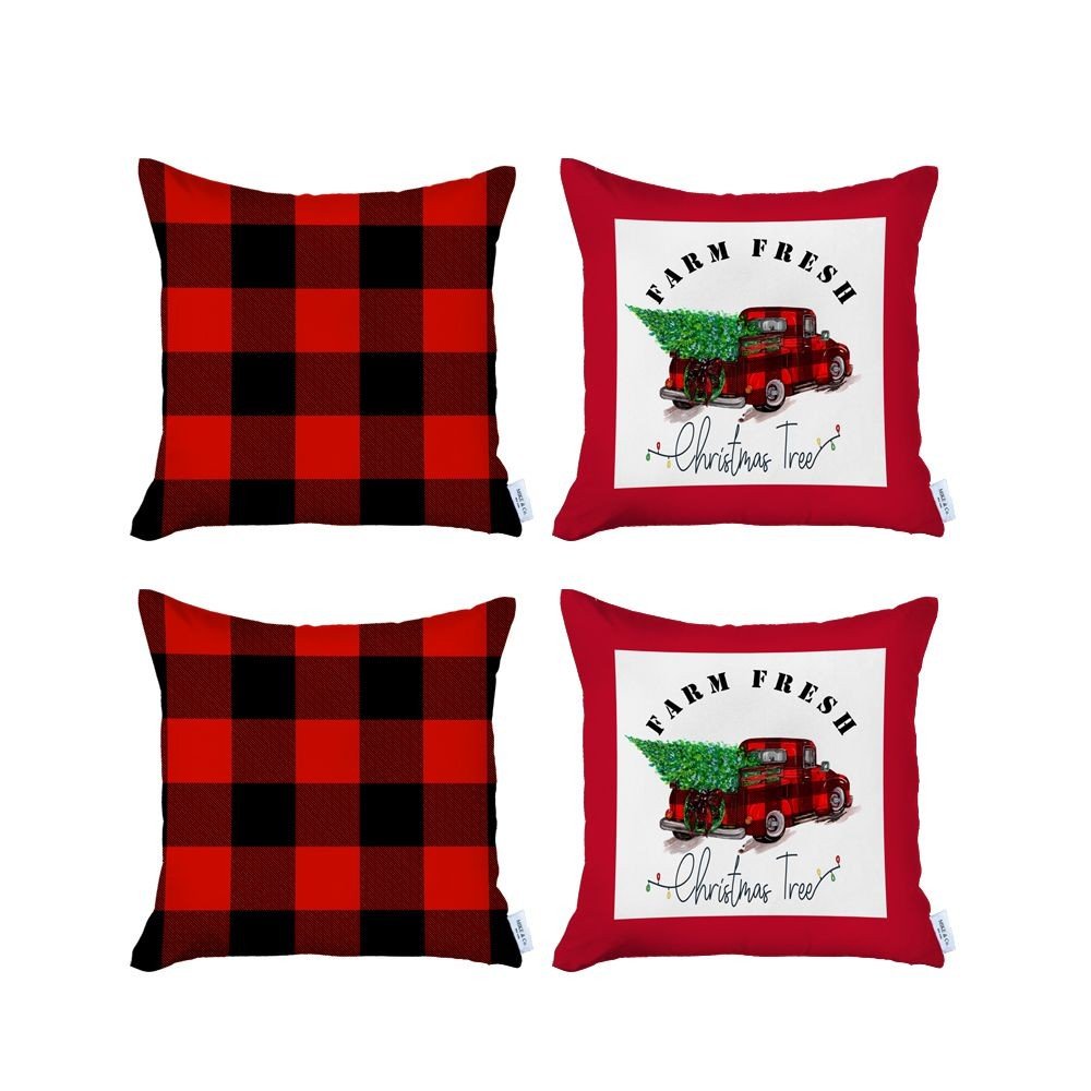 Set of Four Red Black and White Farm Fresh Christmas Tree Holiday Red Truck Plaid Fabric Throw Pillows
