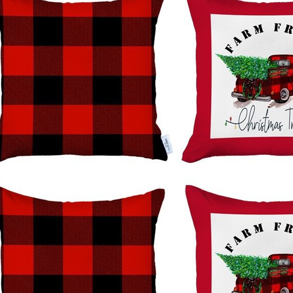 Set of Four Red Black and White Farm Fresh Christmas Tree Holiday Red Truck Plaid Fabric Throw Pillows