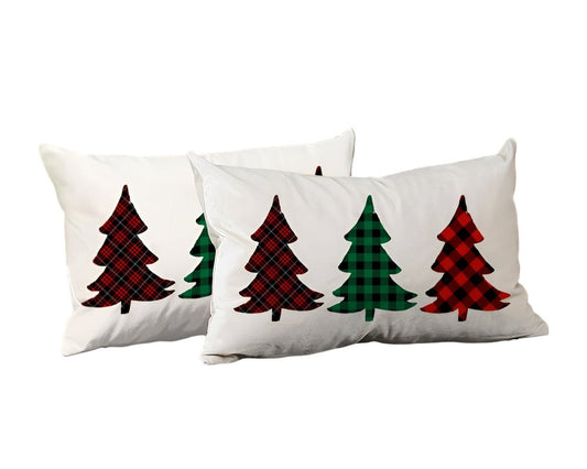 Set of 2 Christmas Tree Trio Plaid Lumbar Throw Pillows