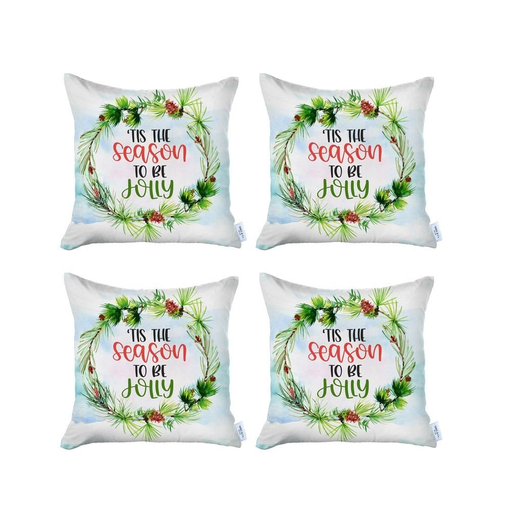 Set of Four 18" Green and White Tis The Season To Be Jolly Christmas Wreath Fabric Throw Pillows