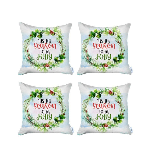 Set of Four 18" Green and White Tis The Season To Be Jolly Christmas Wreath Fabric Throw Pillows
