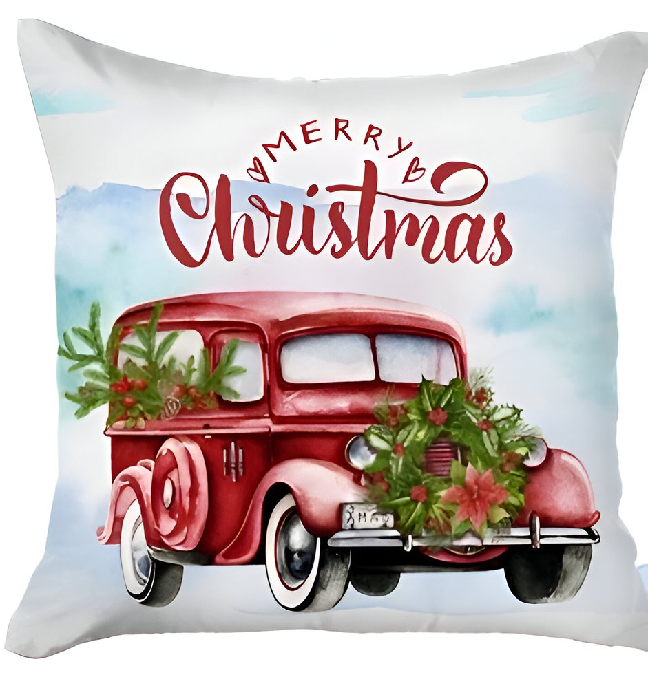 Set of Four 18" Red and White Merry Christmas Holiday Red Truck Fabric Throw Pillows