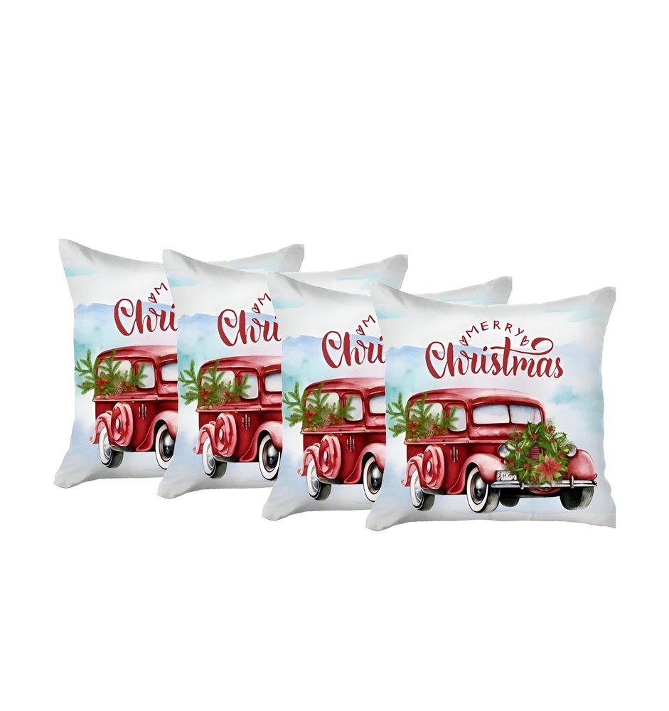 Set of Four 18" Red and White Merry Christmas Holiday Red Truck Fabric Throw Pillows
