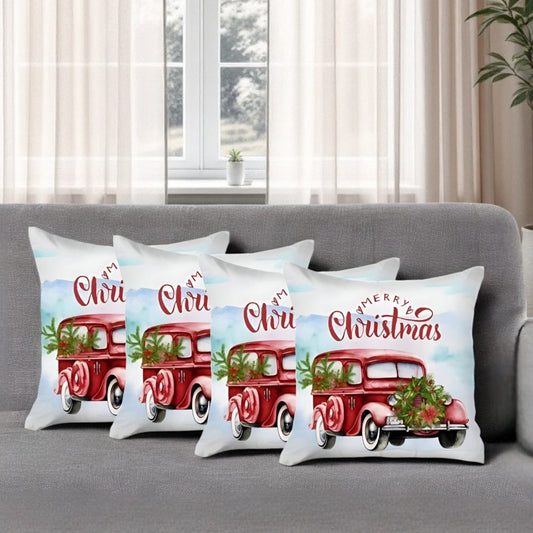 Set of Four 18" Red and White Merry Christmas Holiday Red Truck Fabric Throw Pillows