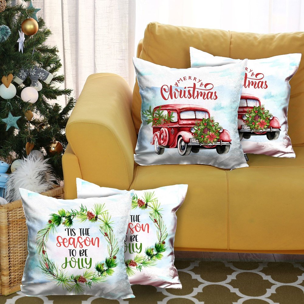 Set of Four Green Red and White Merry Christmas Tis the Season Christmas Wreath Fabric Throw Pillows