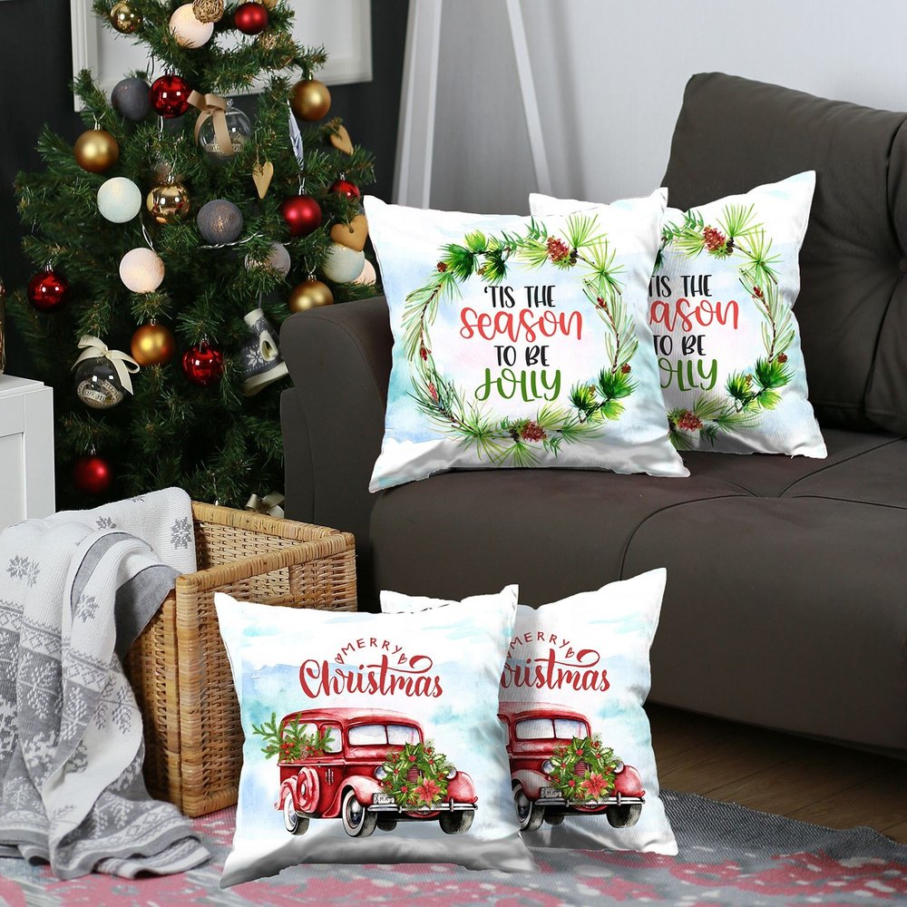 Set of Four Green Red and White Merry Christmas Tis the Season Christmas Wreath Fabric Throw Pillows