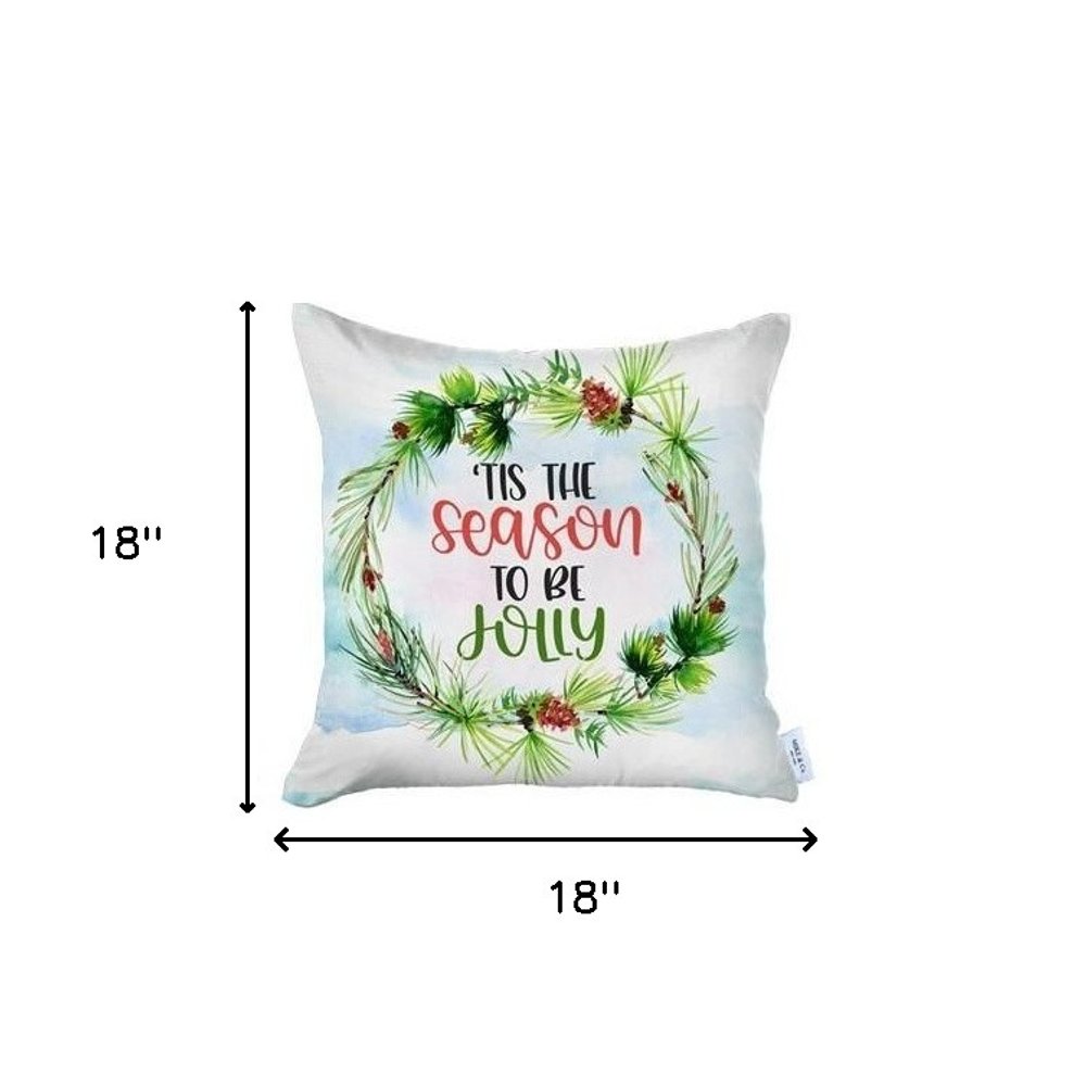 Set of Four Green Red and White Merry Christmas Tis the Season Christmas Wreath Fabric Throw Pillows