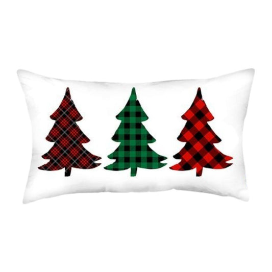 Set of Four 12" X 20" White Red and Green Christmas Trees Plaid Fabric Lumbar Throw Pillows
