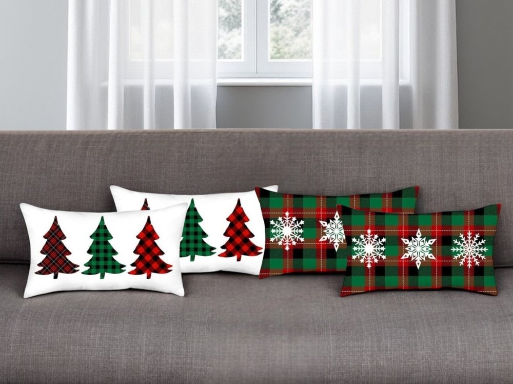 Set of Four White Red and Green Christmas Trees Plaid Fabric Lumbar Throw Pillows