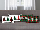 Set of Four White Red and Green Christmas Trees Plaid Fabric Lumbar Throw Pillows