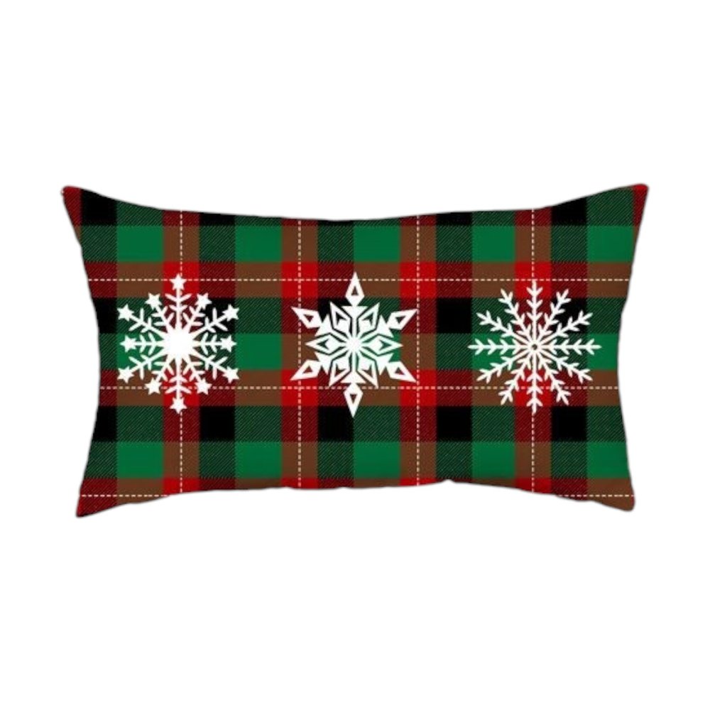 Set of Four White Red and Green Christmas Trees Plaid Fabric Lumbar Throw Pillows