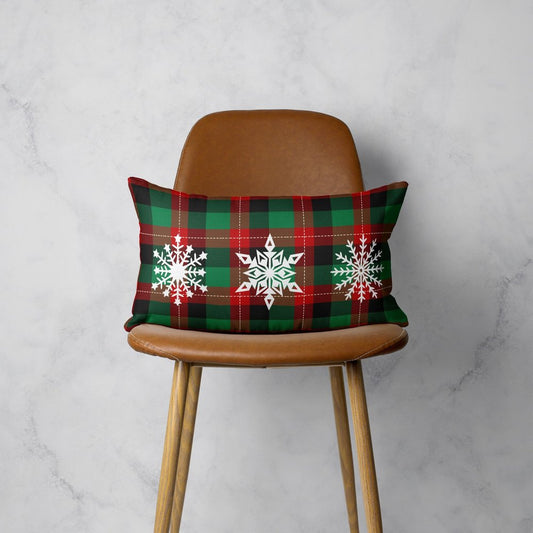 12" X 20" Green Red And Black Christmas Snowflakes Trio Plaid Throw Pillow Cover