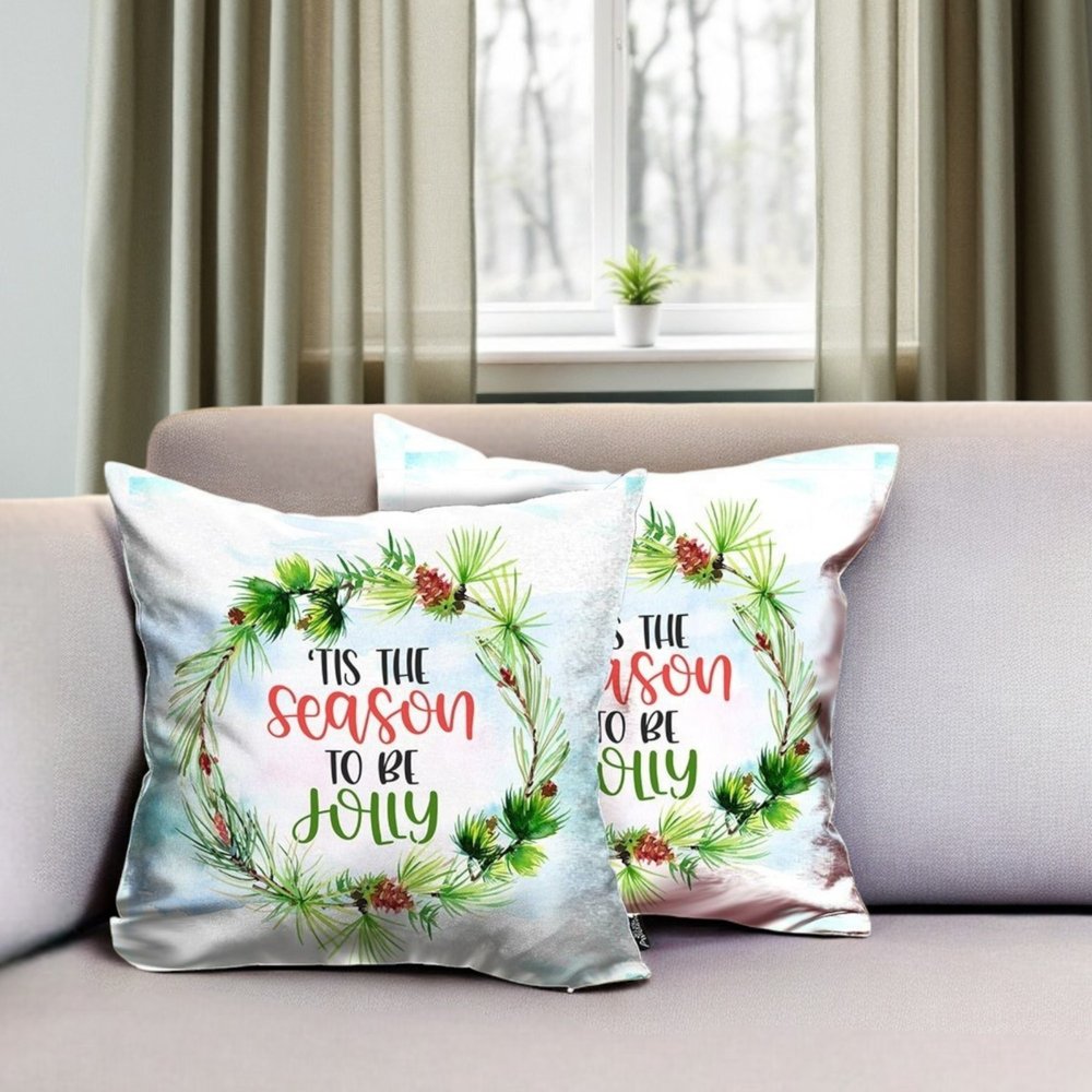 Set of Two 18" White and Green Tis the Season To Be Jolly Christmas Wreath Fabric Throw Pillow Covers