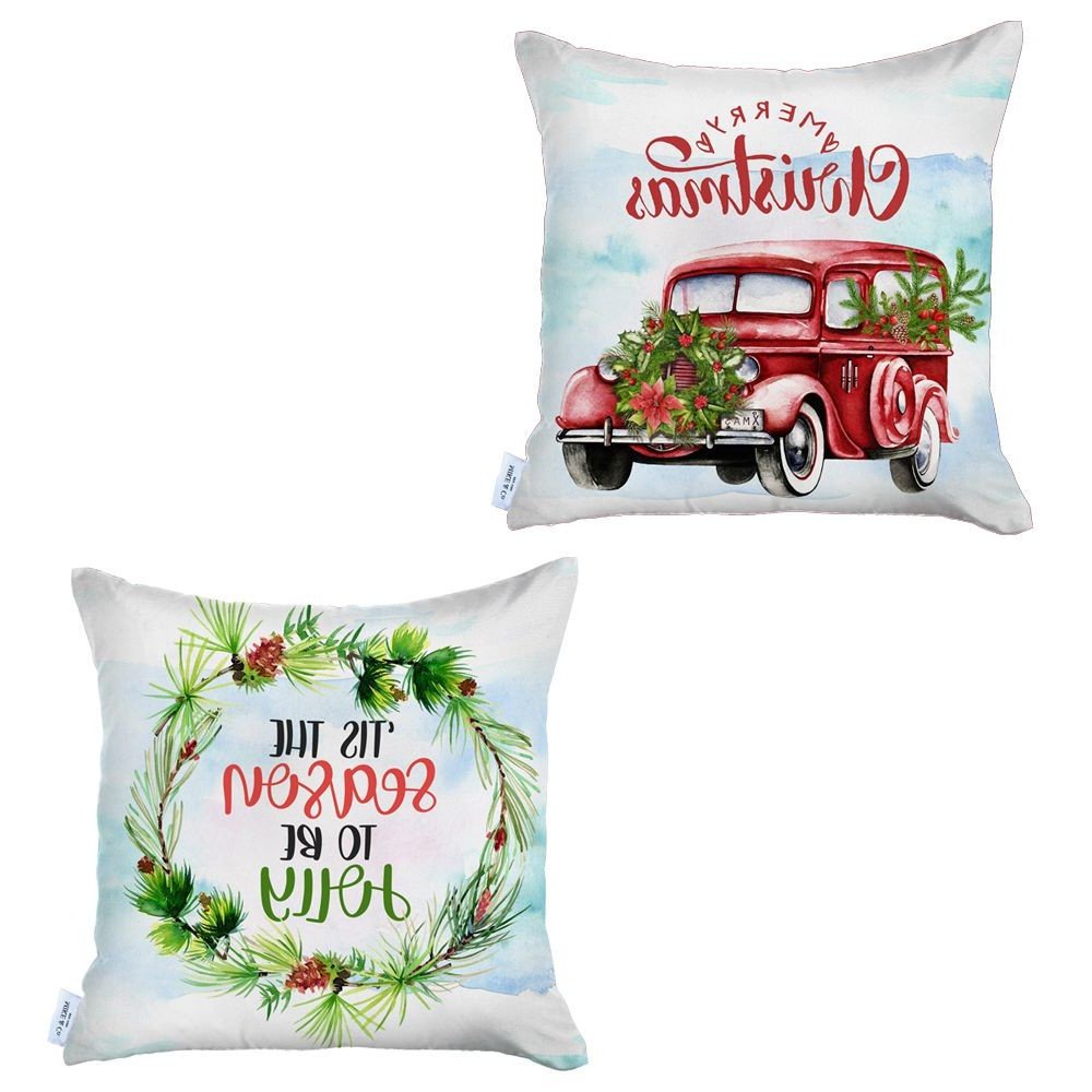 Set of Two Red White and Blue Merry Christmas Christmas Christmas Wreath Throw Pillow Cover
