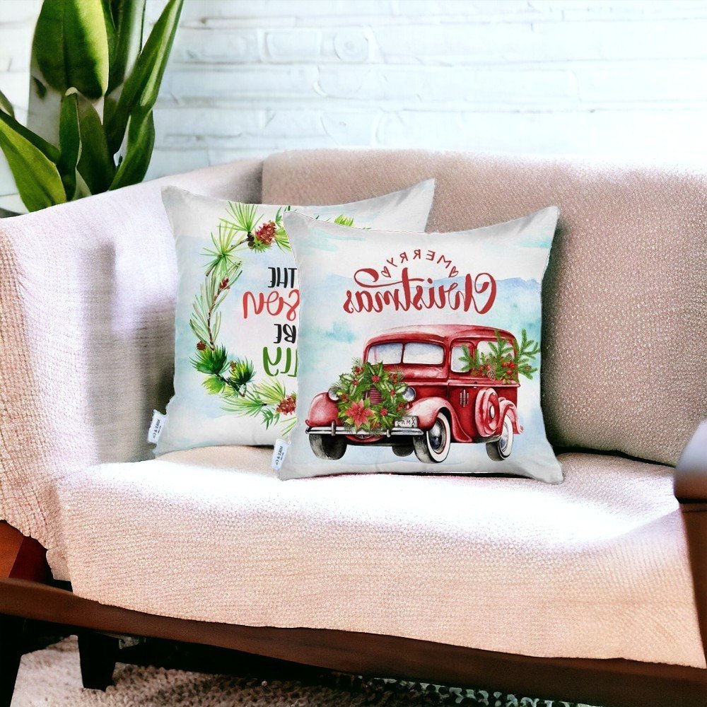 Set of Two Red White and Blue Merry Christmas Christmas Christmas Wreath Throw Pillow Cover