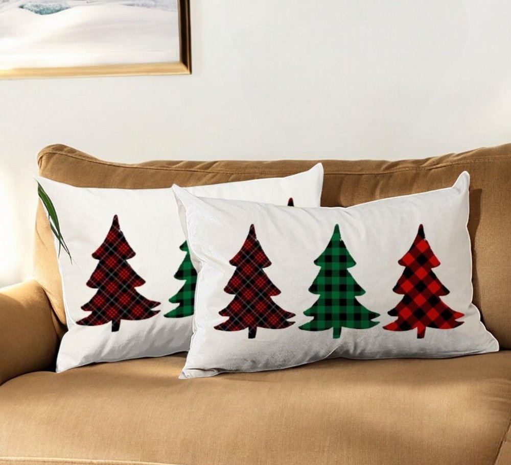 Set of 2 Christmas Tree Trio Plaid Lumbar Pillow Covers