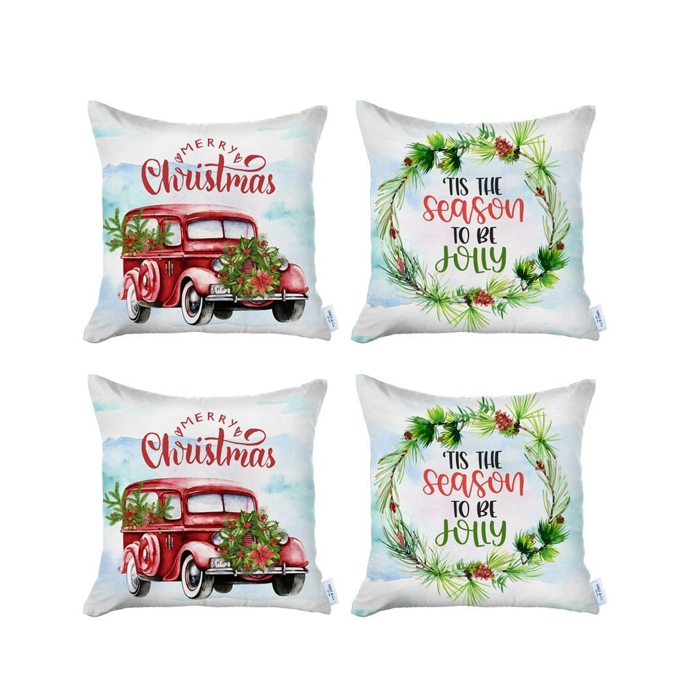 Set of Four Green Christmas Christmas Tree Fabric Throw Pillow Covers