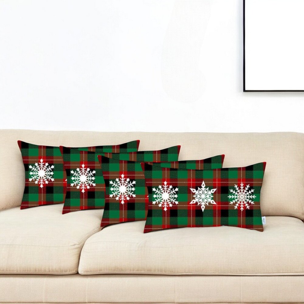 Set of 4 Christmas Snowflake Trio Plaid Lumbar Pillow Covers