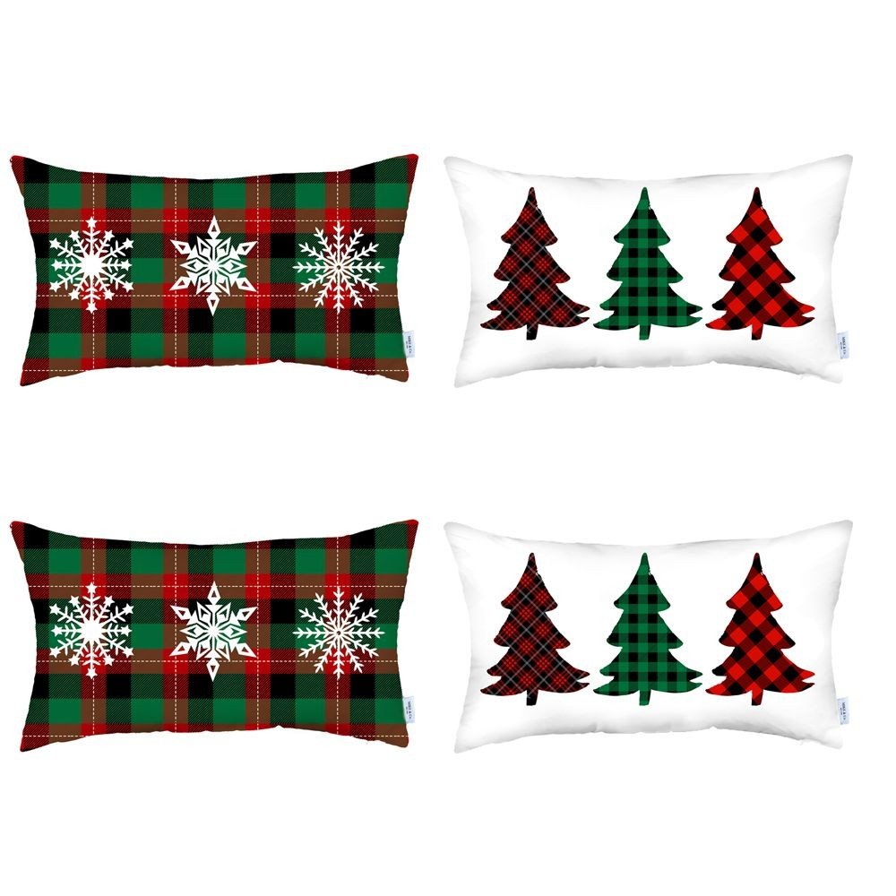 Set of Four Green Red And Black Christmas Christmas Trees Fabric Lumbar Throw Pillow Covers