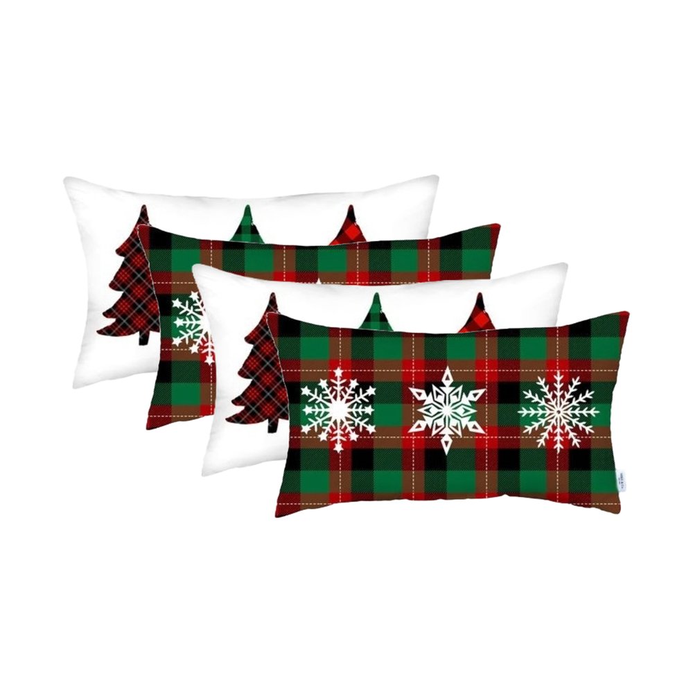Set of Four Green Red And Black Christmas Christmas Trees Fabric Lumbar Throw Pillow Covers