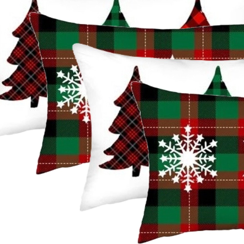 Set of Four Green Red And Black Christmas Christmas Trees Fabric Lumbar Throw Pillow Covers