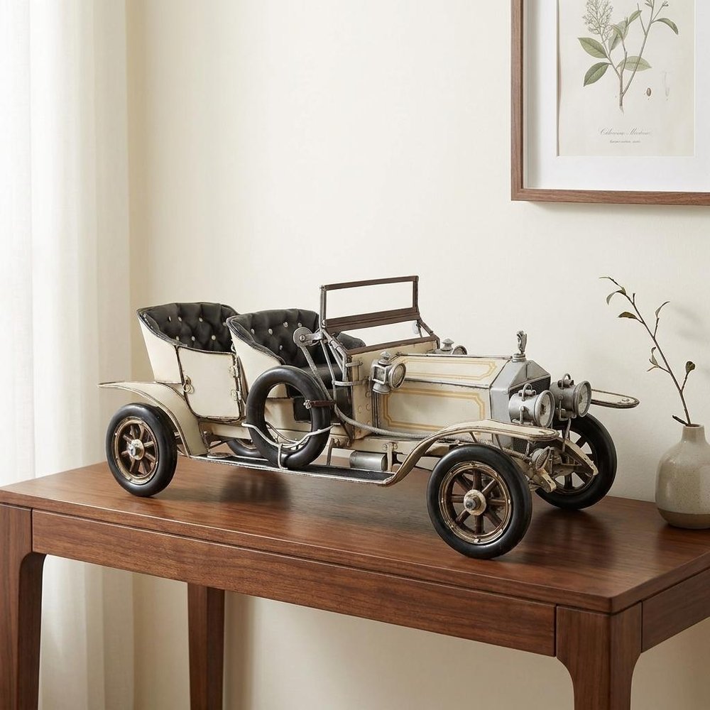 8" Silver Metal Hand Painted Model Car Tabletop Sculpture