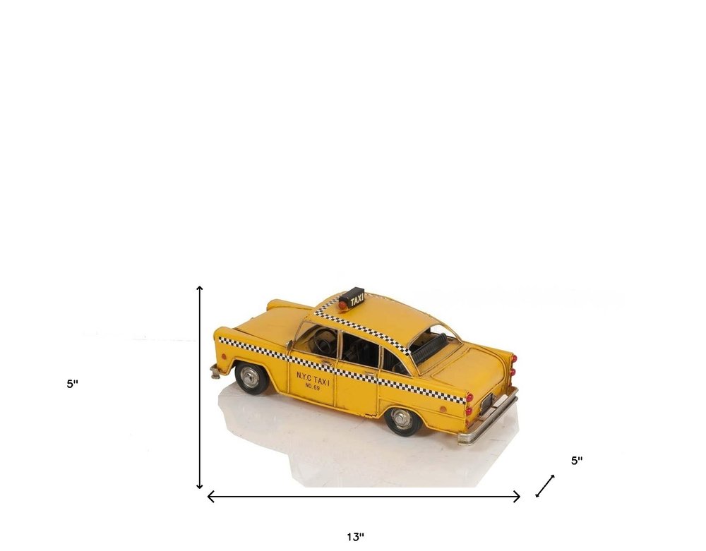 13" Yellow Metal Hand Painted NYC Taxi Tabletop Sculpture