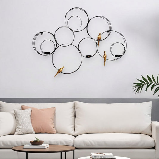 32" Black And Gold Metal Circles And Birds Hanging Sculpture With Votive Holders