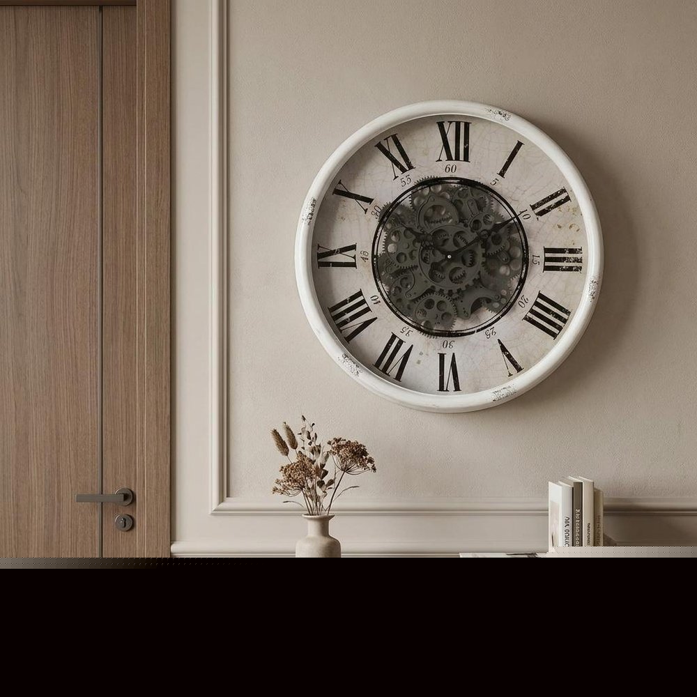 20" White And Black Iron Analog Distressed Round Wall Clock