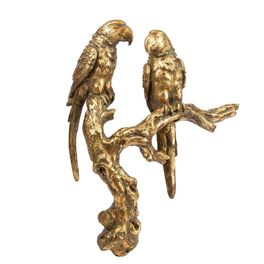 13" Antiqued Gold Parrots Hanging Dimensional Sculpture
