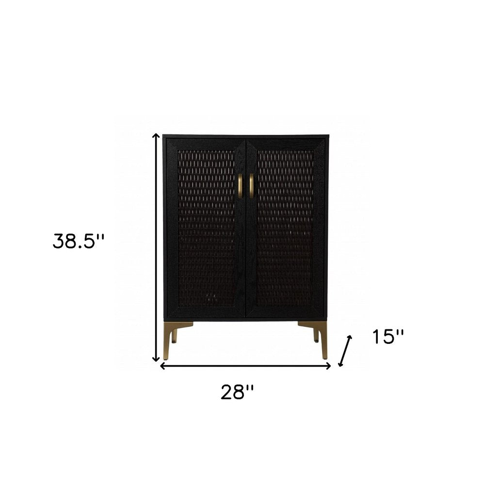 Modern Rustic Black Gold and Faux Rattan Bar Cabinet
