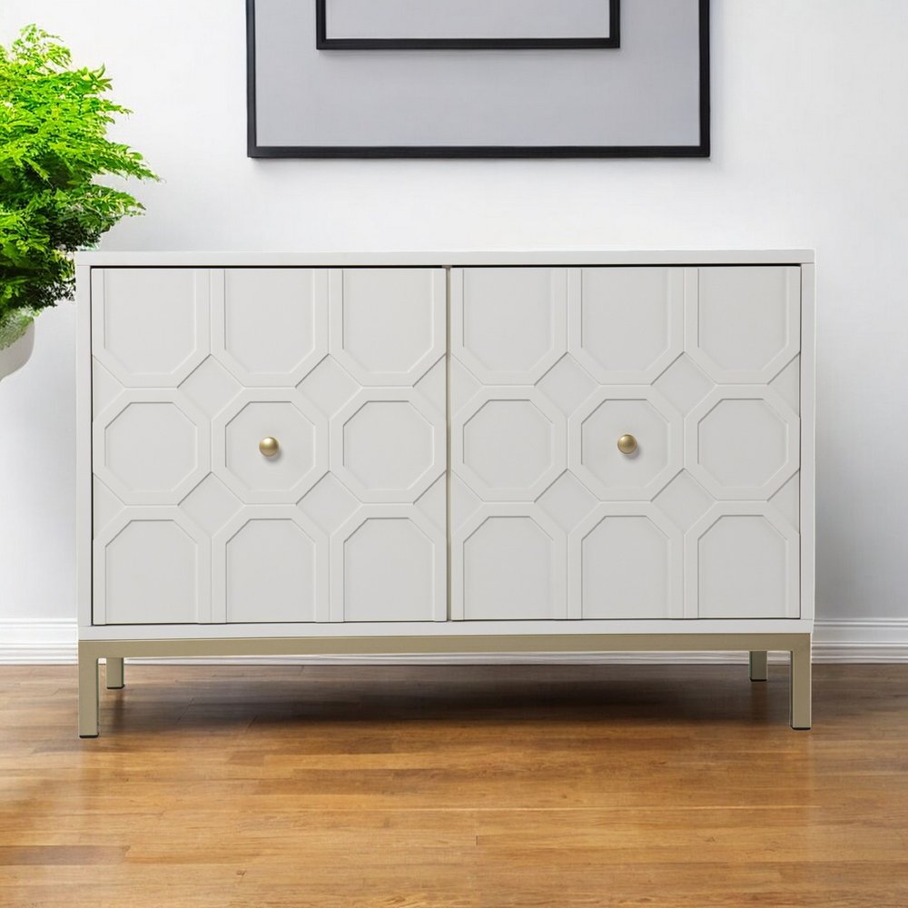 40" White Carved Geometric Sideboard with Two Doors