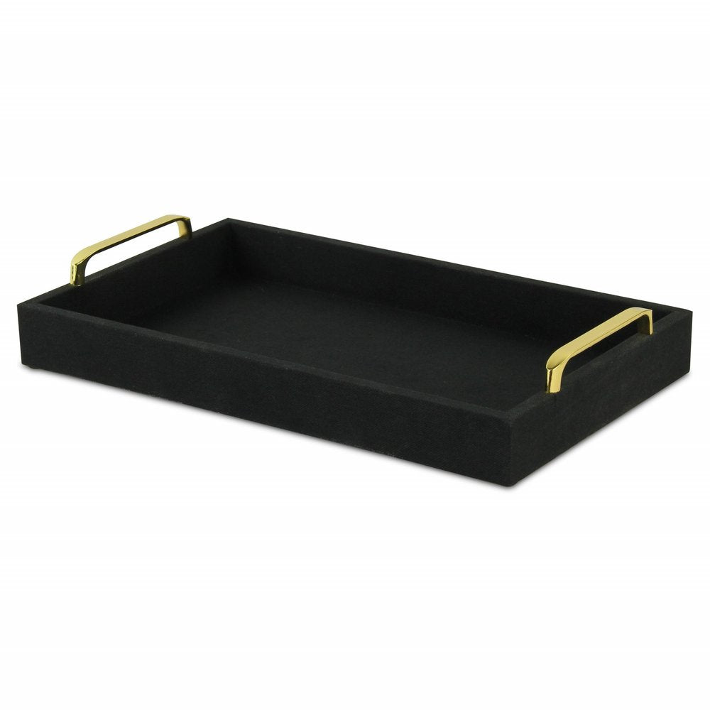 16" Black Wood And Linen Serving Tray With Handles