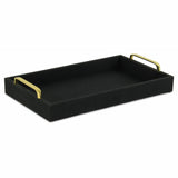 16" Black Wood And Linen Serving Tray With Handles